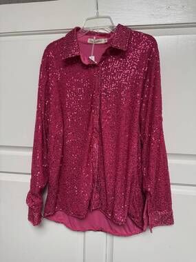 NEW GRACE + EMMA women's sequin long-sleeve top in pink